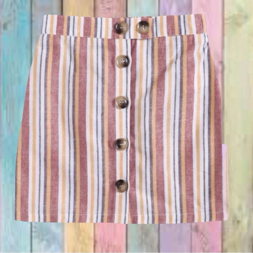 Cream Multicolor Stripe Button Up Elastic Waist Skirt